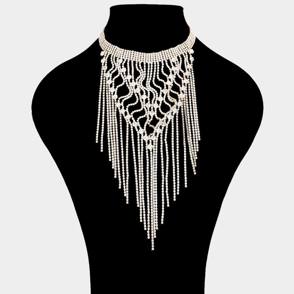 Gold Round Stone Pointed Long Dropped Rhinestone Fringe Choker Necklace