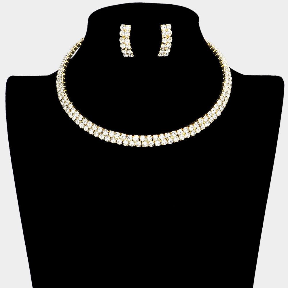 Gold 2 Row crystal Rhinestone Banded Open Choker Necklace