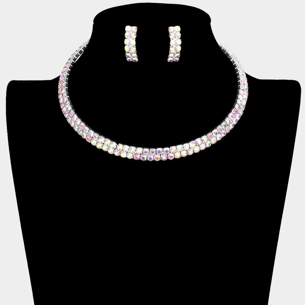 Silver 2 Row crystal Rhinestone Banded Open Choker Necklace