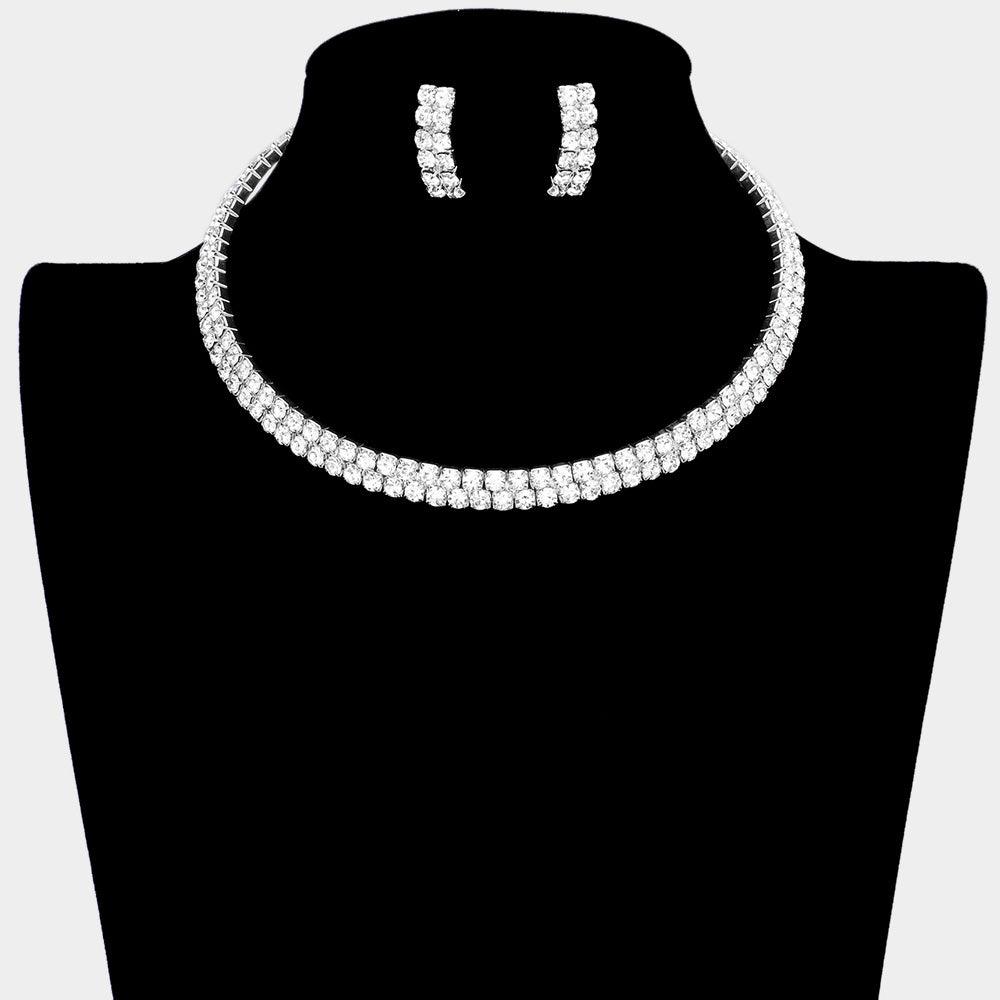 Silver 2 Row crystal Rhinestone Banded Open Choker Necklace