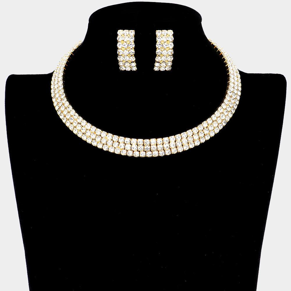 Gold 3 Rows Rhinestone Open Choker Necklace