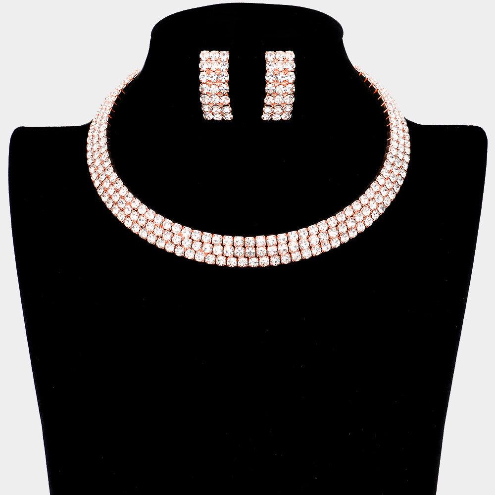 Rose Gold 3 Rows Rhinestone Open Choker Necklace