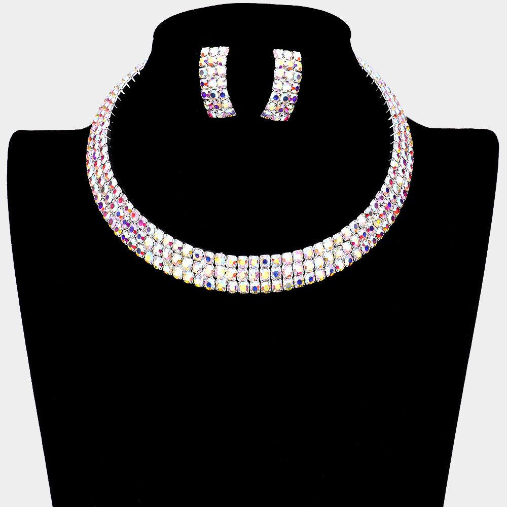 Silver 3 Rows Rhinestone Open Choker Necklace