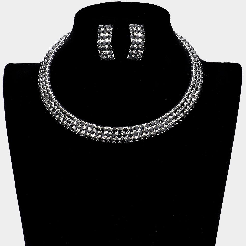 Black 3 Rows Rhinestone Open Choker Necklace