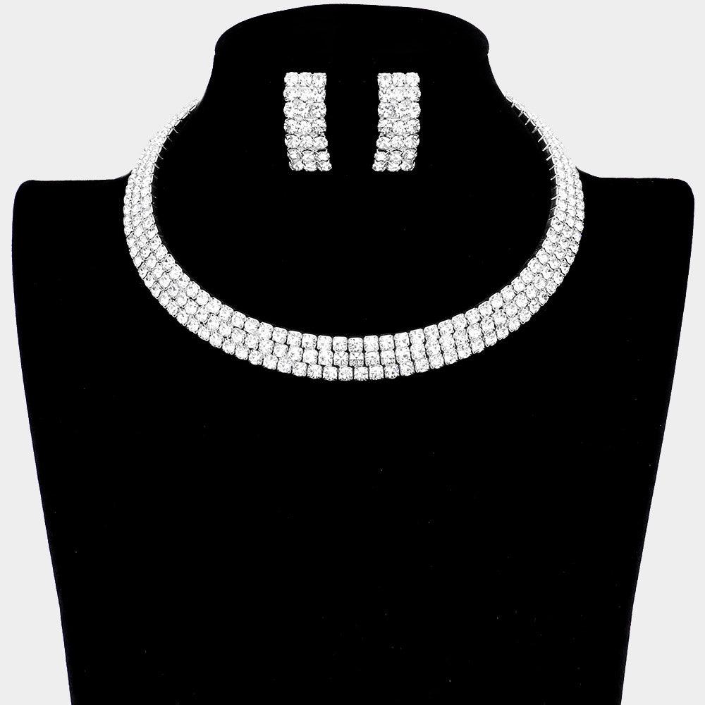 Silver 3 Rows Rhinestone Open Choker Necklace