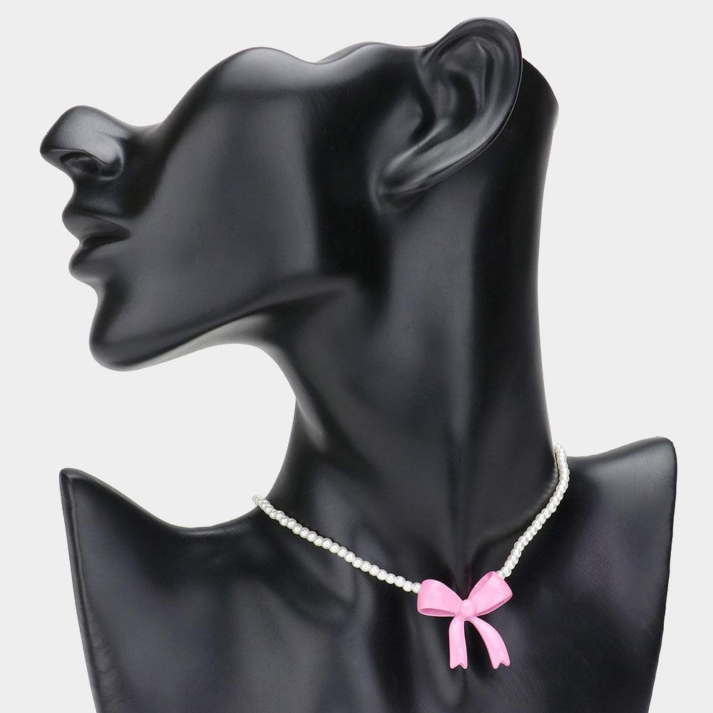 Pink Metal Bow Pendant Pointed Pearl Choker Necklace