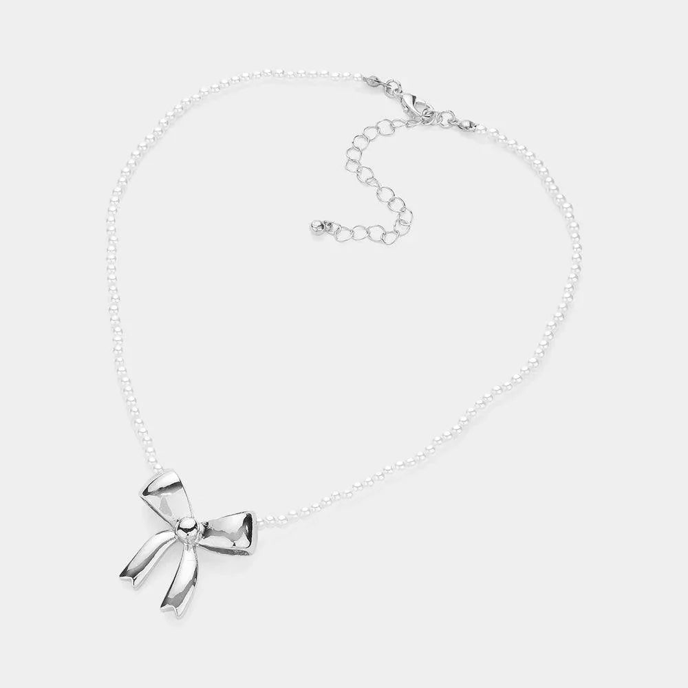 Cream Metal Bow Pendant Pointed Pearl Choker Necklace - Jewelry Store by Erik Rayo