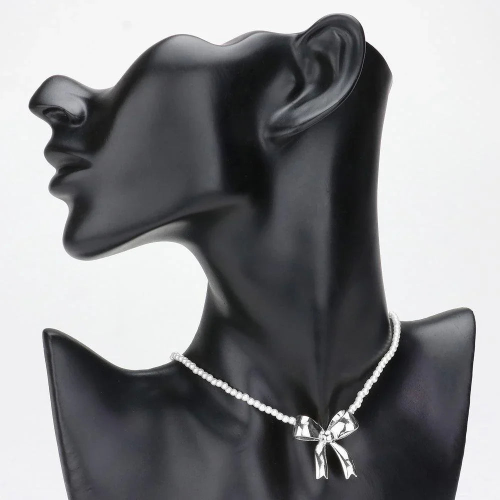 Cream Metal Bow Pendant Pointed Pearl Choker Necklace - Jewelry Store by Erik Rayo