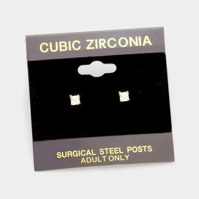 Gold 3 mm Square CZ stud earrings