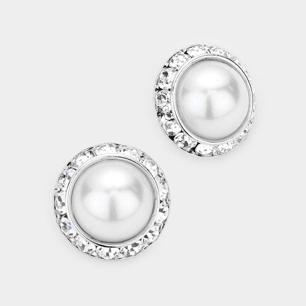 White Rivoli Cut Genuine Crystal Pearl Round Stud Earrings