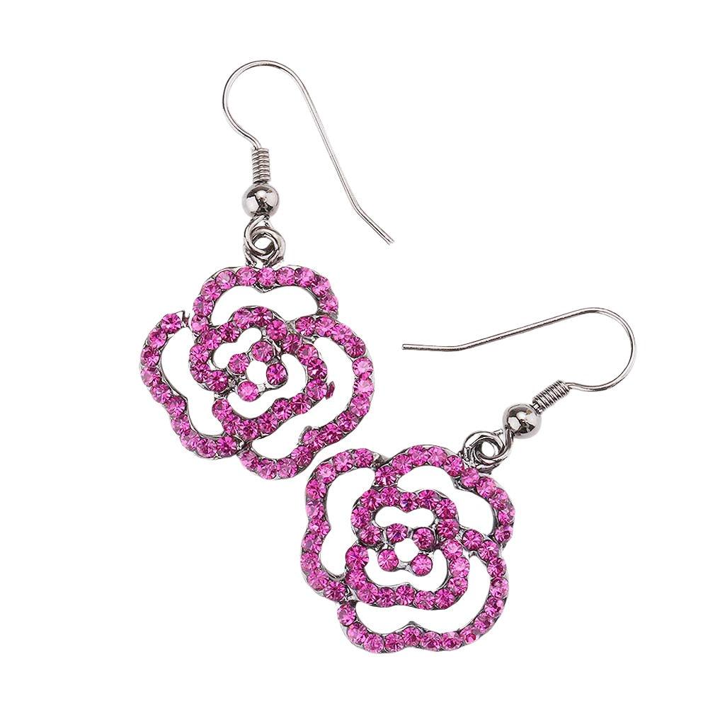 Fuchsia Genuine Crystal Rose Dangle Earrings