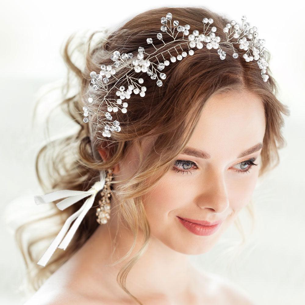 White Floral Pearl Cluster Bun Wrap Headpiece / Necklace