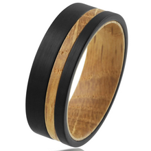 Load image into Gallery viewer, Black Tungten Wedding Band with Whiskey-Barrel Wood
