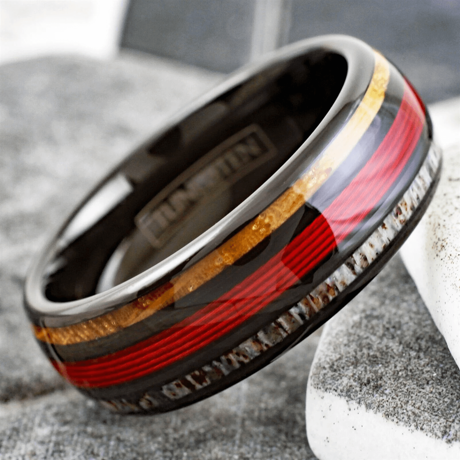 Red Fishing Line Tungsten Carbide Wedding Band Ring for Men & Women – Whiskey Barrel Oak Wood & Deer Antler Inlays - Jewelry Store by Erik Rayo