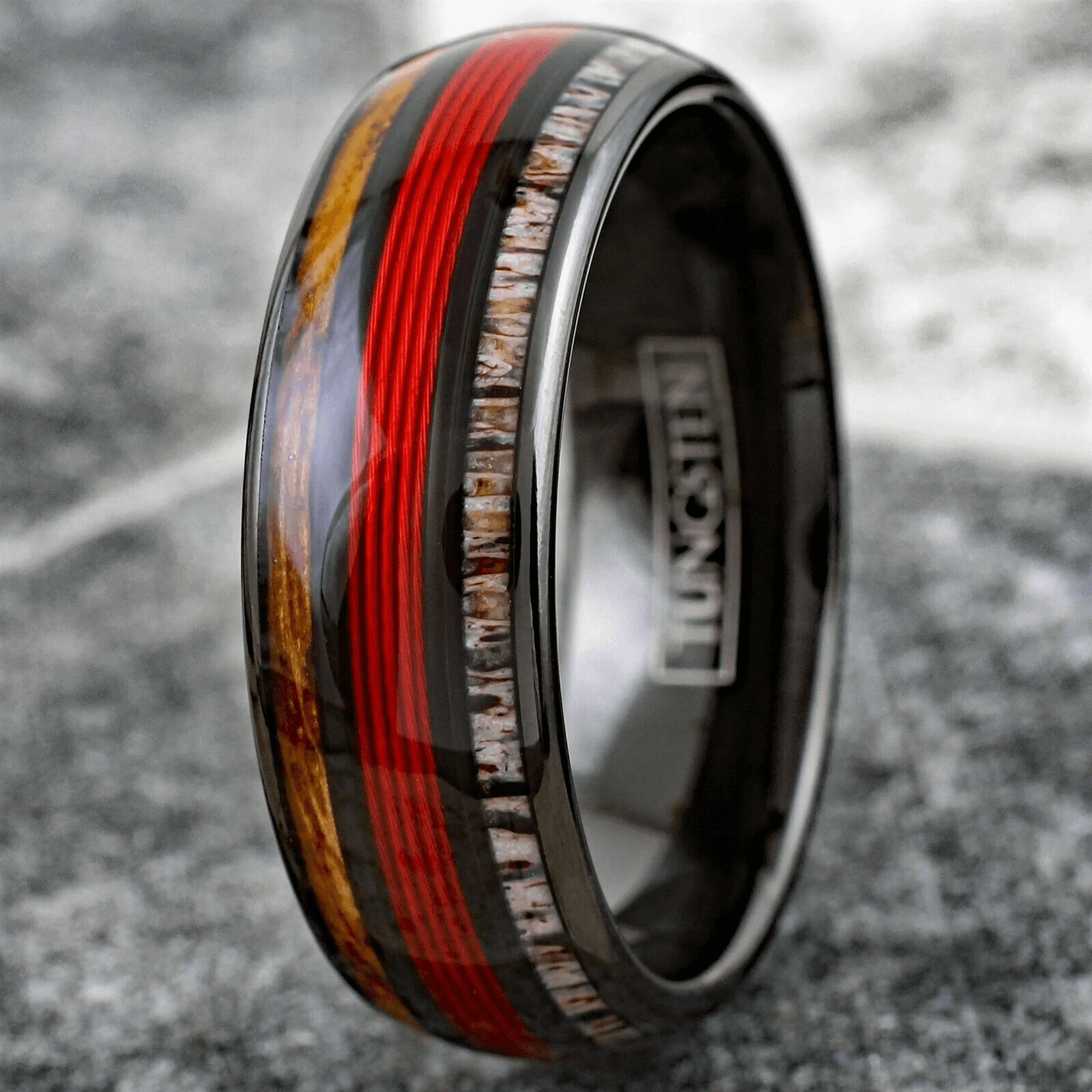 Red Fishing Line Tungsten Carbide Wedding Band Ring for Men & Women – Whiskey Barrel Oak Wood & Deer Antler Inlays - Jewelry Store by Erik Rayo