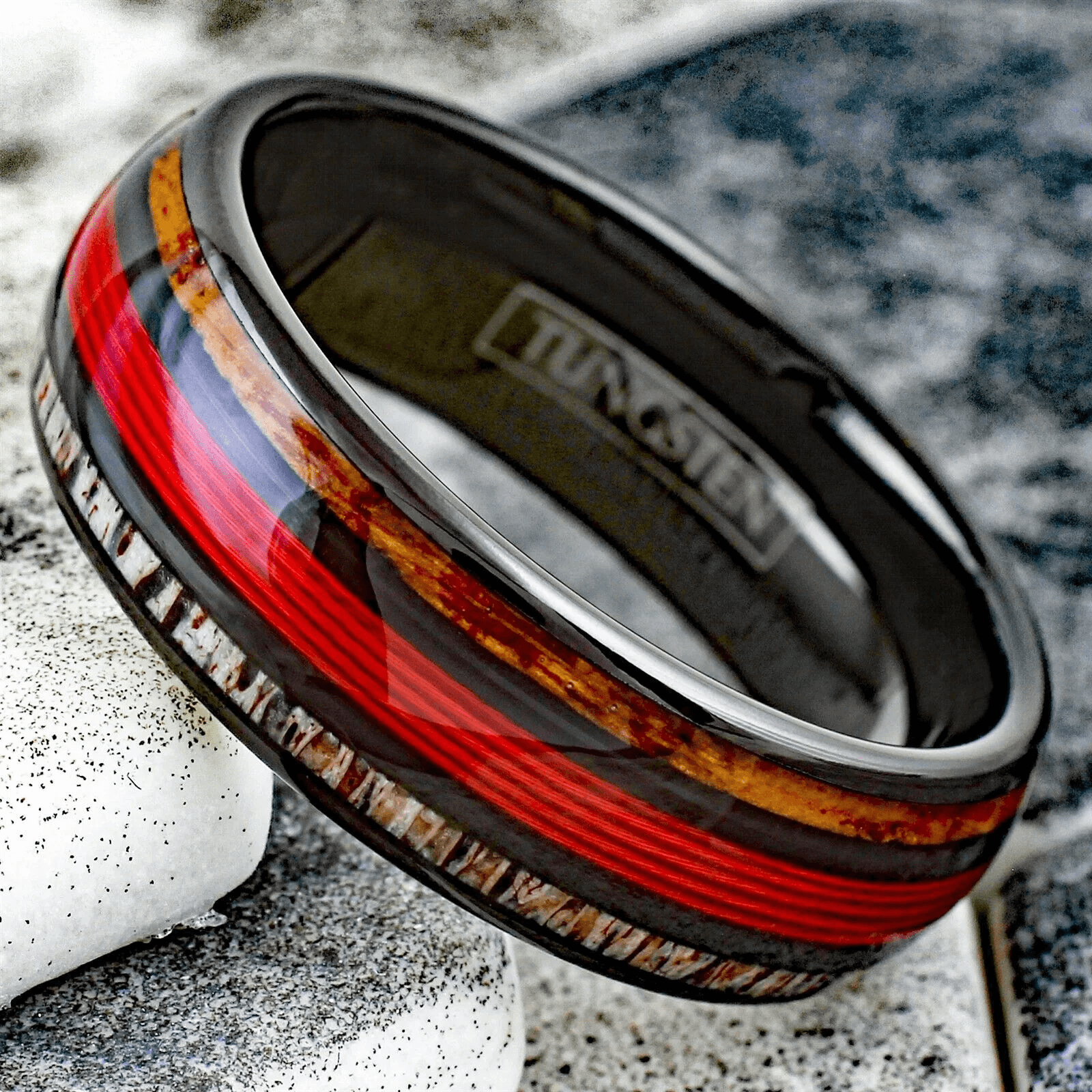 Red Fishing Line Tungsten Carbide Wedding Band Ring for Men & Women – Whiskey Barrel Oak Wood & Deer Antler Inlays - Jewelry Store by Erik Rayo