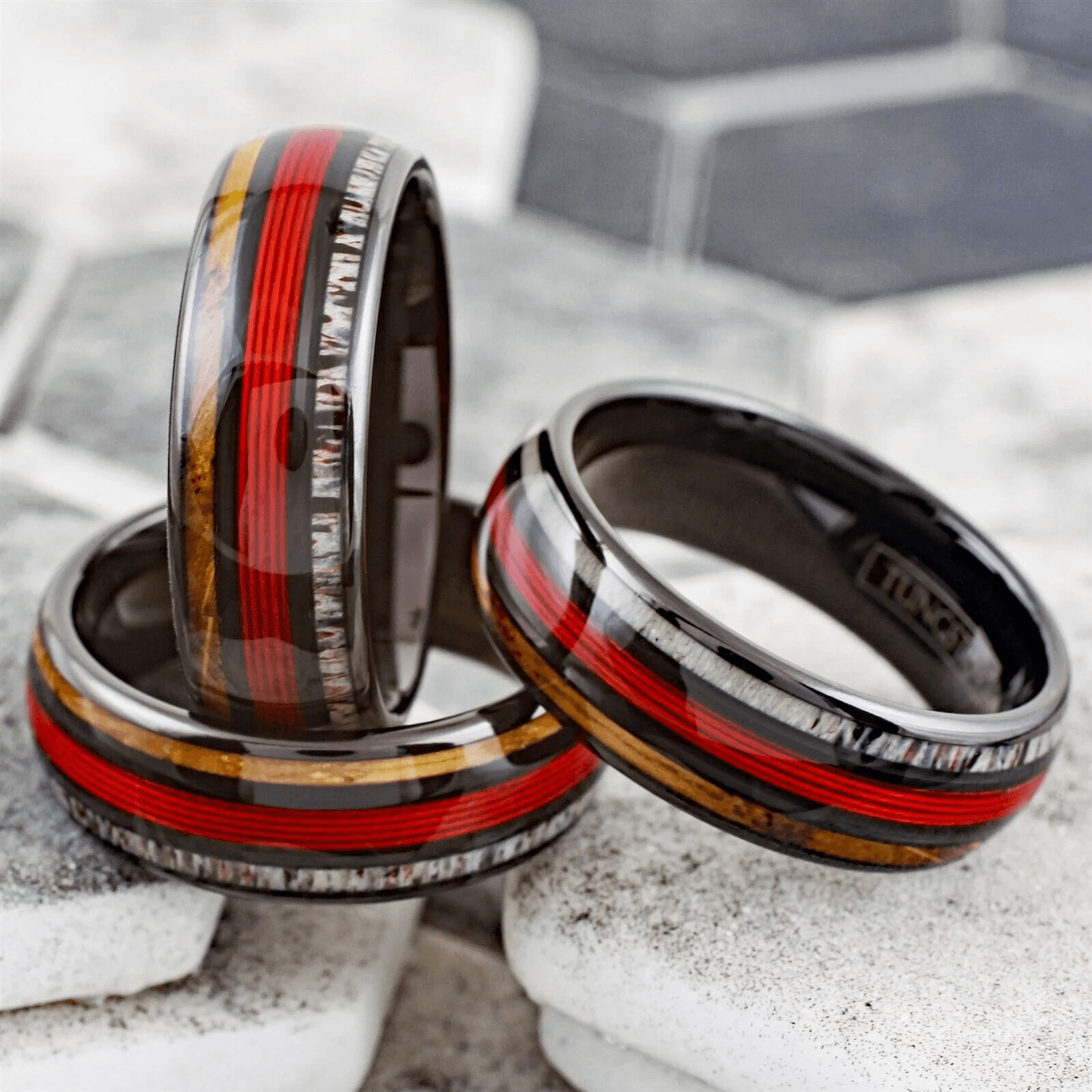 Red Fishing Line Tungsten Carbide Wedding Band Ring for Men & Women – Whiskey Barrel Oak Wood & Deer Antler Inlays - Jewelry Store by Erik Rayo