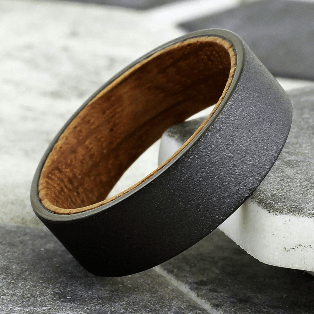 Black Tungten Wedding Band with Whiskey-Barrel Oak Wood - Sandlast Finish 8mm - Jewelry Store by Erik Rayo