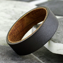 Load image into Gallery viewer, Black Tungten Wedding Band with Whiskey-Barrel Oak Wood - Sandlast Finish 8mm

