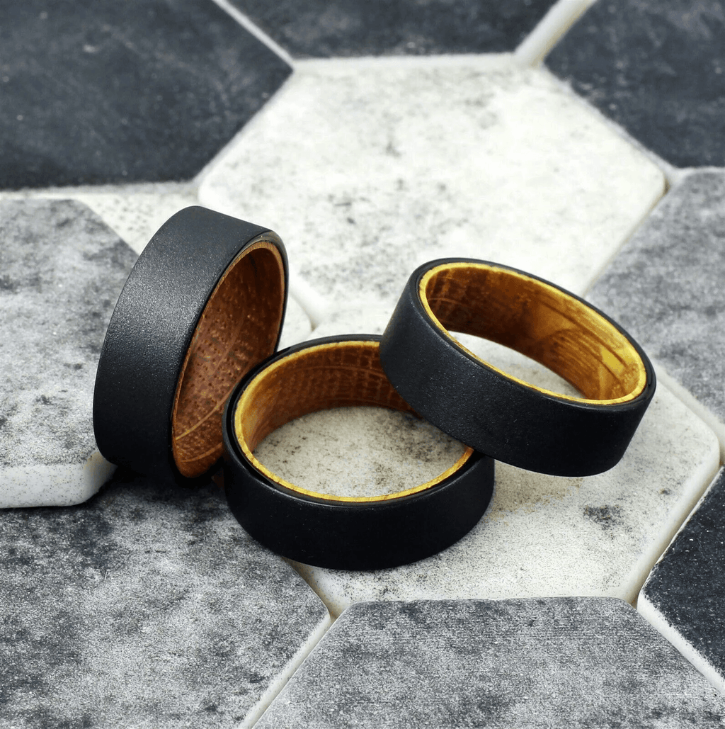Black Tungten Wedding Band with Whiskey-Barrel Oak Wood - Sandlast Finish 8mm - Jewelry Store by Erik Rayo