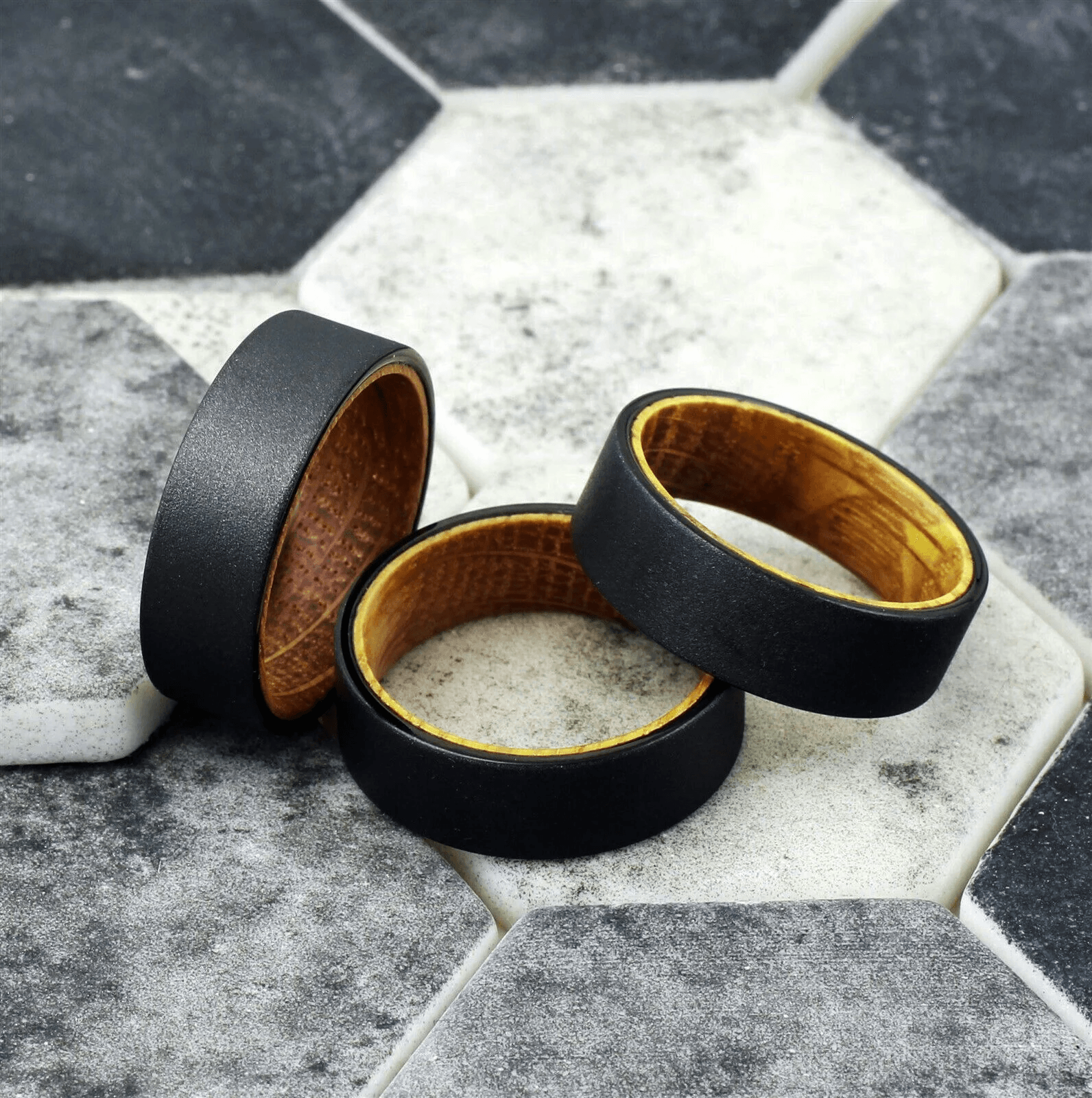 Black Tungten Wedding Band with Whiskey-Barrel Oak Wood - Sandlast Finish 8mm - Jewelry Store by Erik Rayo