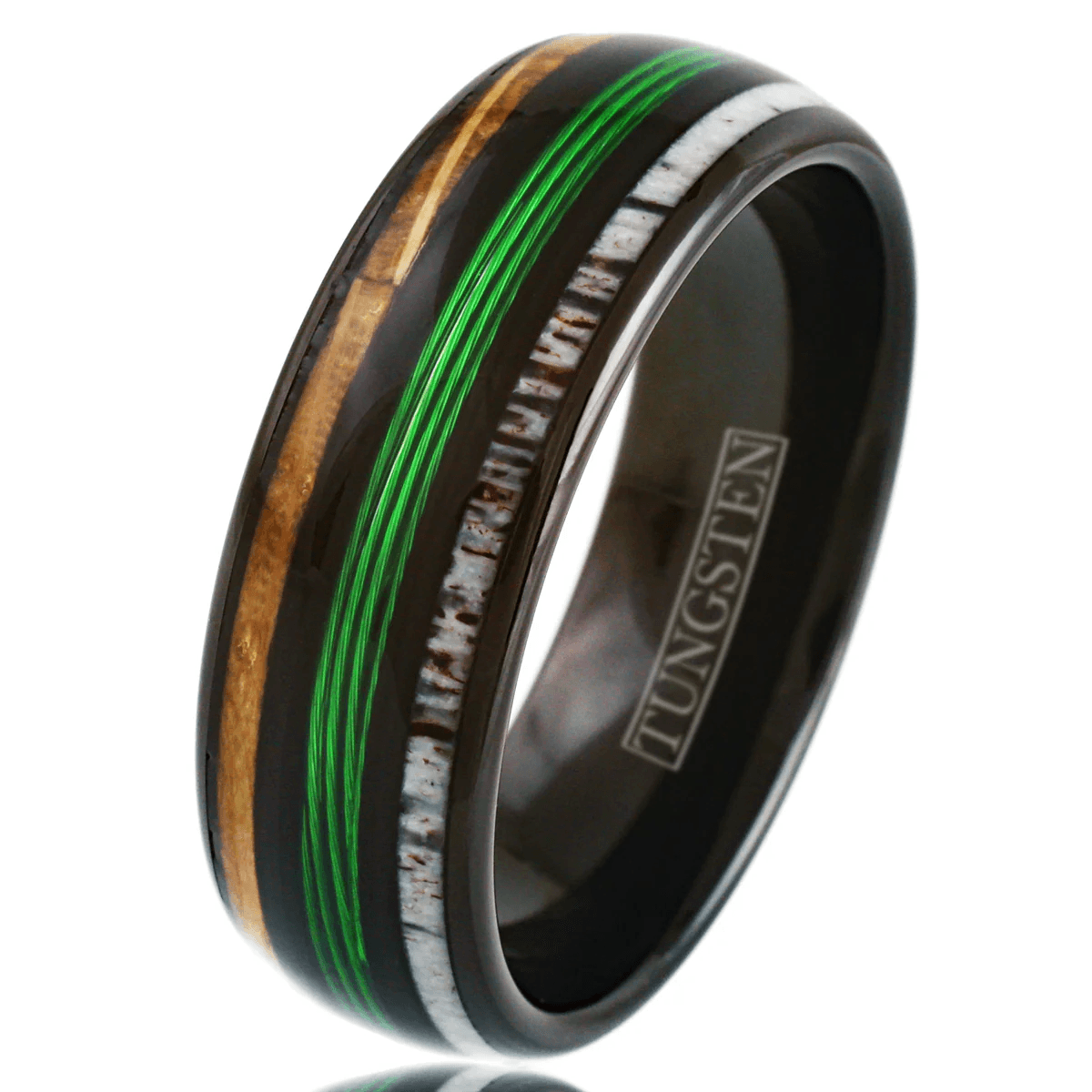 Green Fishing Line Wedding Band Ring for Men Black Tungsten Carbide Whiskey Barrel Oak Wood and Deer Antler Inlays - Jewelry Store by Erik Rayo