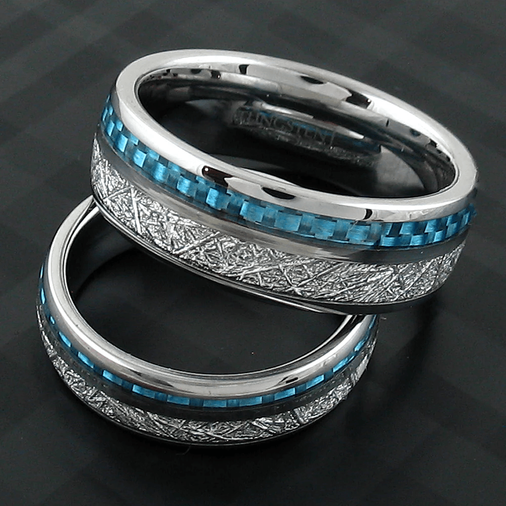 Sky Blue Carbon Fiber Tungsten Carbide Wedding Band Ring for Men & Women – Black & Silver Meteorite Inlay - Jewelry Store by Erik Rayo