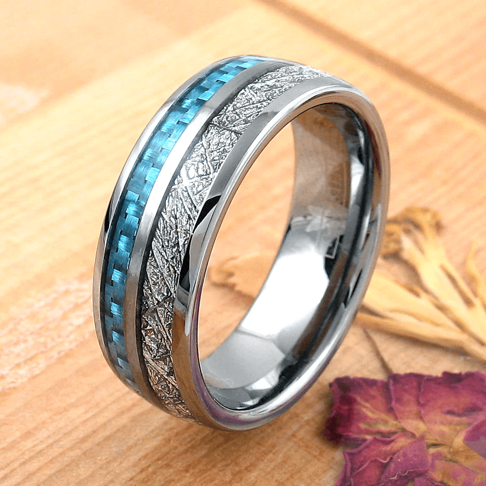 Sky Blue Carbon Fiber Tungsten Carbide Wedding Band Ring for Men & Women – Black & Silver Meteorite Inlay - Jewelry Store by Erik Rayo