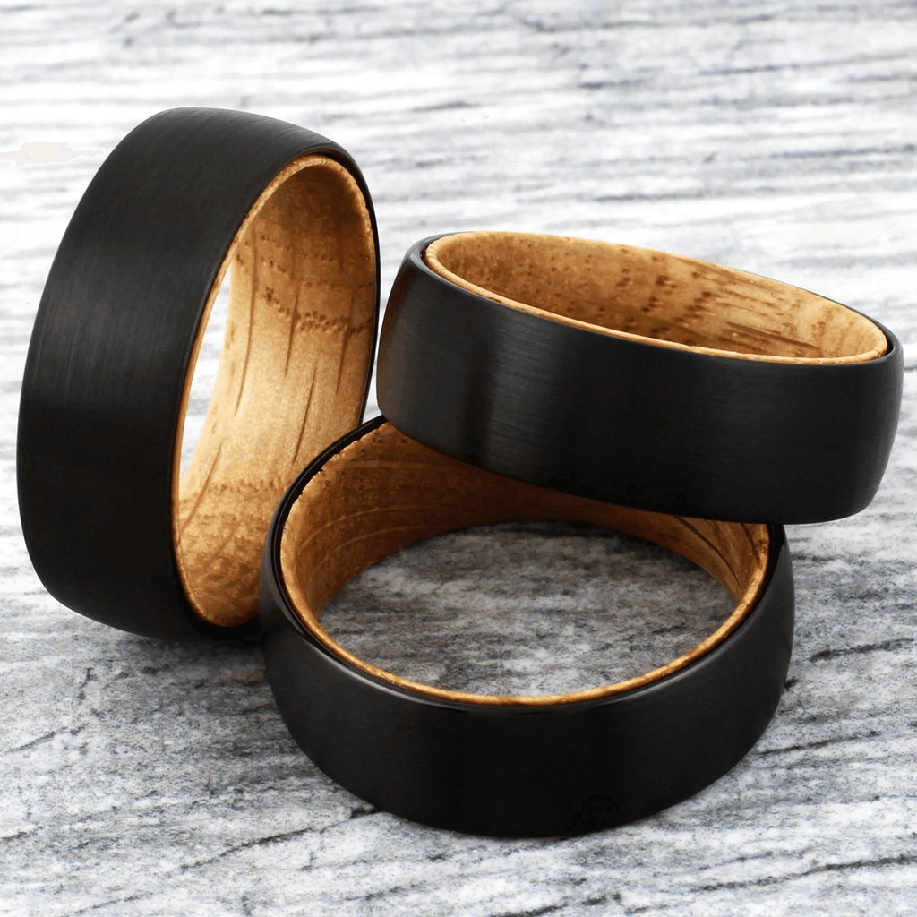 Black Tungten Wedding Band with Whiskey-Barrel Oak Wood - Satin Finish 6mm - Jewelry Store by Erik Rayo