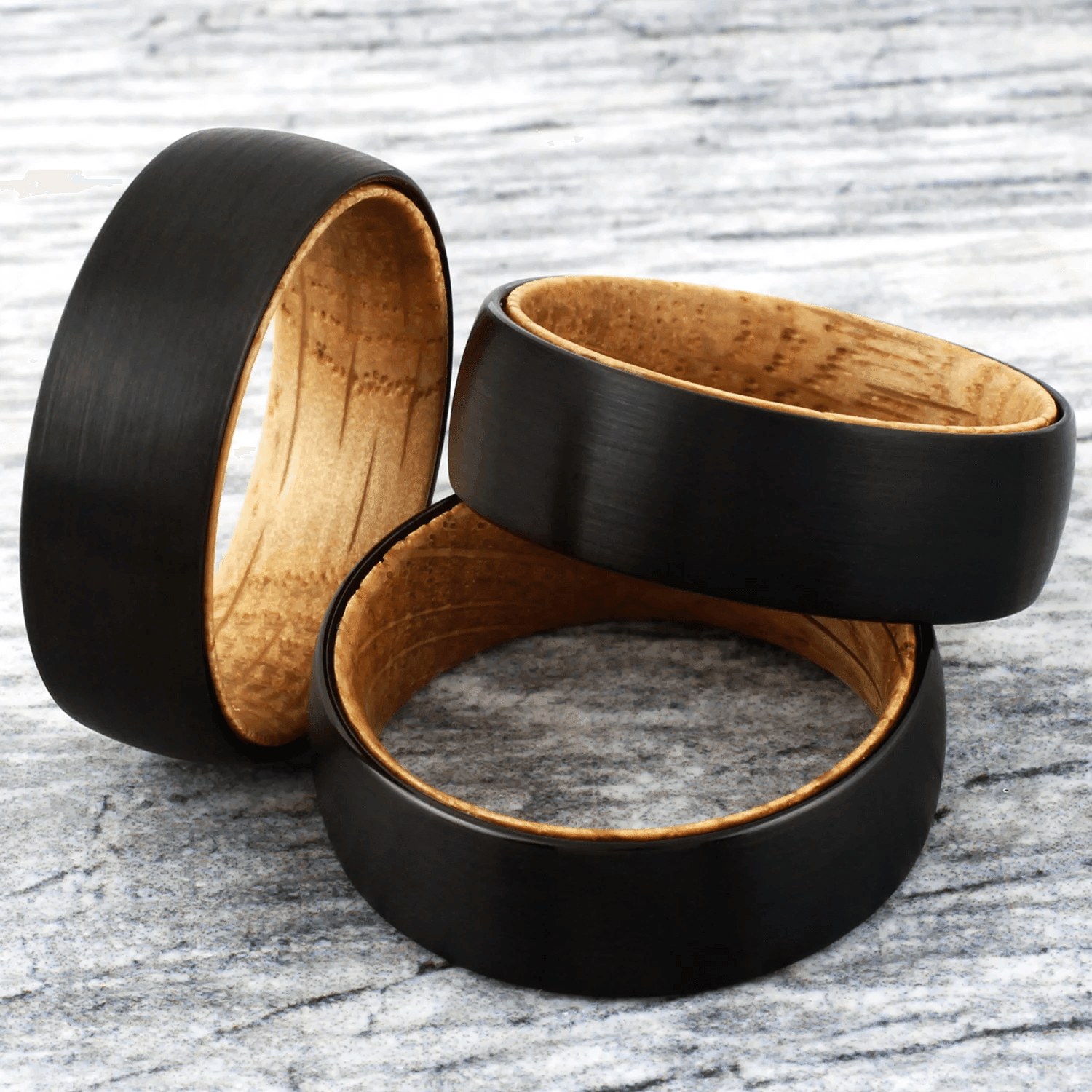 Black Tungten Wedding Band with Whiskey-Barrel Oak Wood - Satin Finish 6mm - Jewelry Store by Erik Rayo