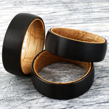 Load image into Gallery viewer, Black Tungten Wedding Band with Whiskey-Barrel Oak Wood - Satin Finish 6mm
