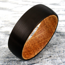 Load image into Gallery viewer, Black Tungten Wedding Band with Whiskey-Barrel Oak Wood - Satin Finish 6mm
