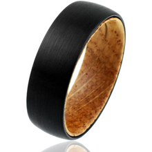 Load image into Gallery viewer, Black Tungten Wedding Band with Whiskey-Barrel Oak Wood - Satin Finish 6mm
