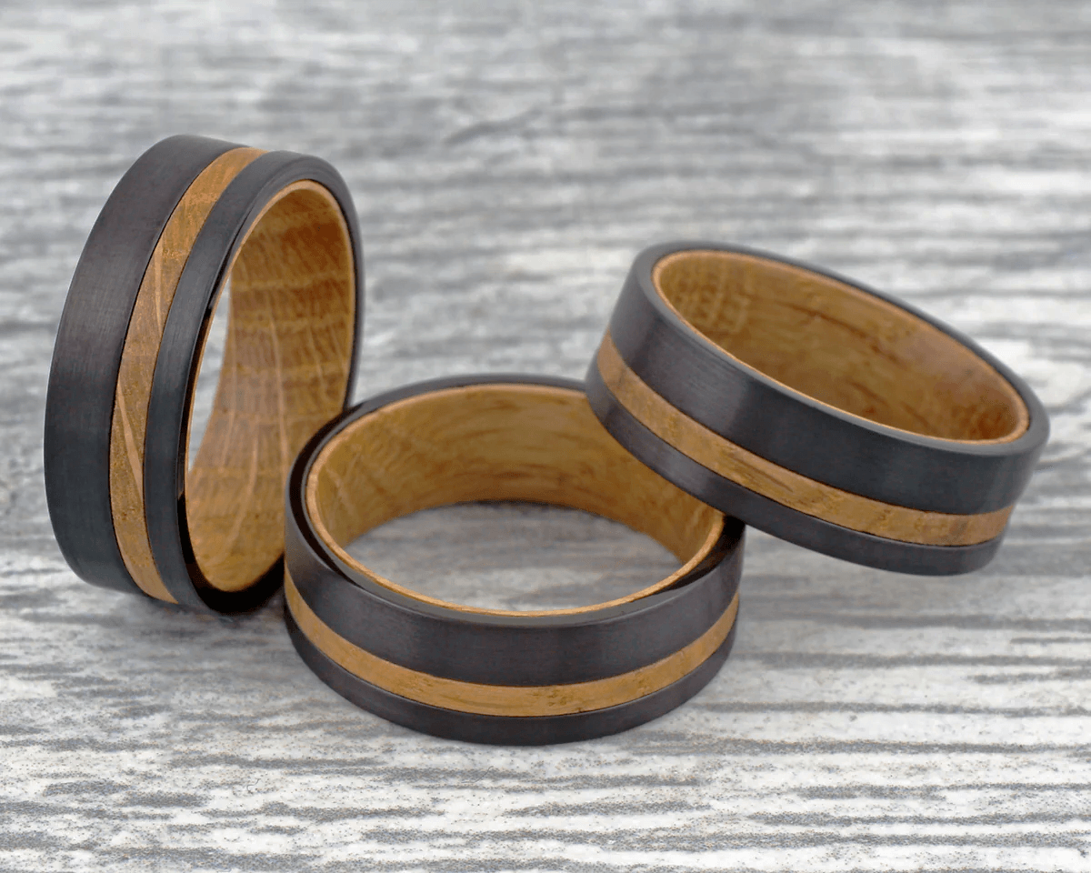 Black Tungten Wedding Band with Whiskey-Barrel Wood - Jewelry Store by Erik Rayo