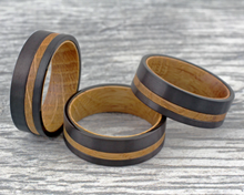 Load image into Gallery viewer, Black Tungten Wedding Band with Whiskey-Barrel Wood
