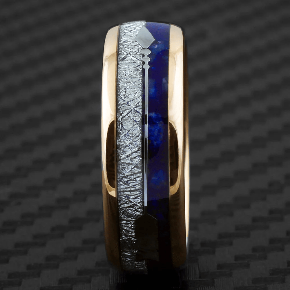 Unique Rose Gold Tungsten Carbide Wedding Band Ring for Men & Women – Speckled Blue Lapis Lazuli & Silver Meteorite Inlays - Jewelry Store by Erik Rayo