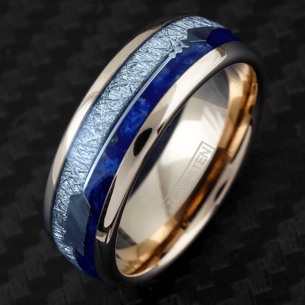 Unique Rose Gold Tungsten Carbide Wedding Band Ring for Men & Women – Speckled Blue Lapis Lazuli & Silver Meteorite Inlays