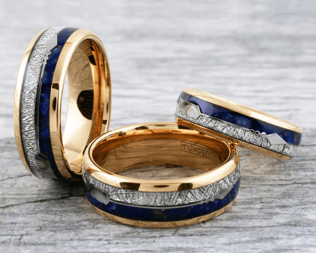 Unique Rose Gold Tungsten Carbide Wedding Band Ring for Men & Women – Speckled Blue Lapis Lazuli & Silver Meteorite Inlays - Jewelry Store by Erik Rayo