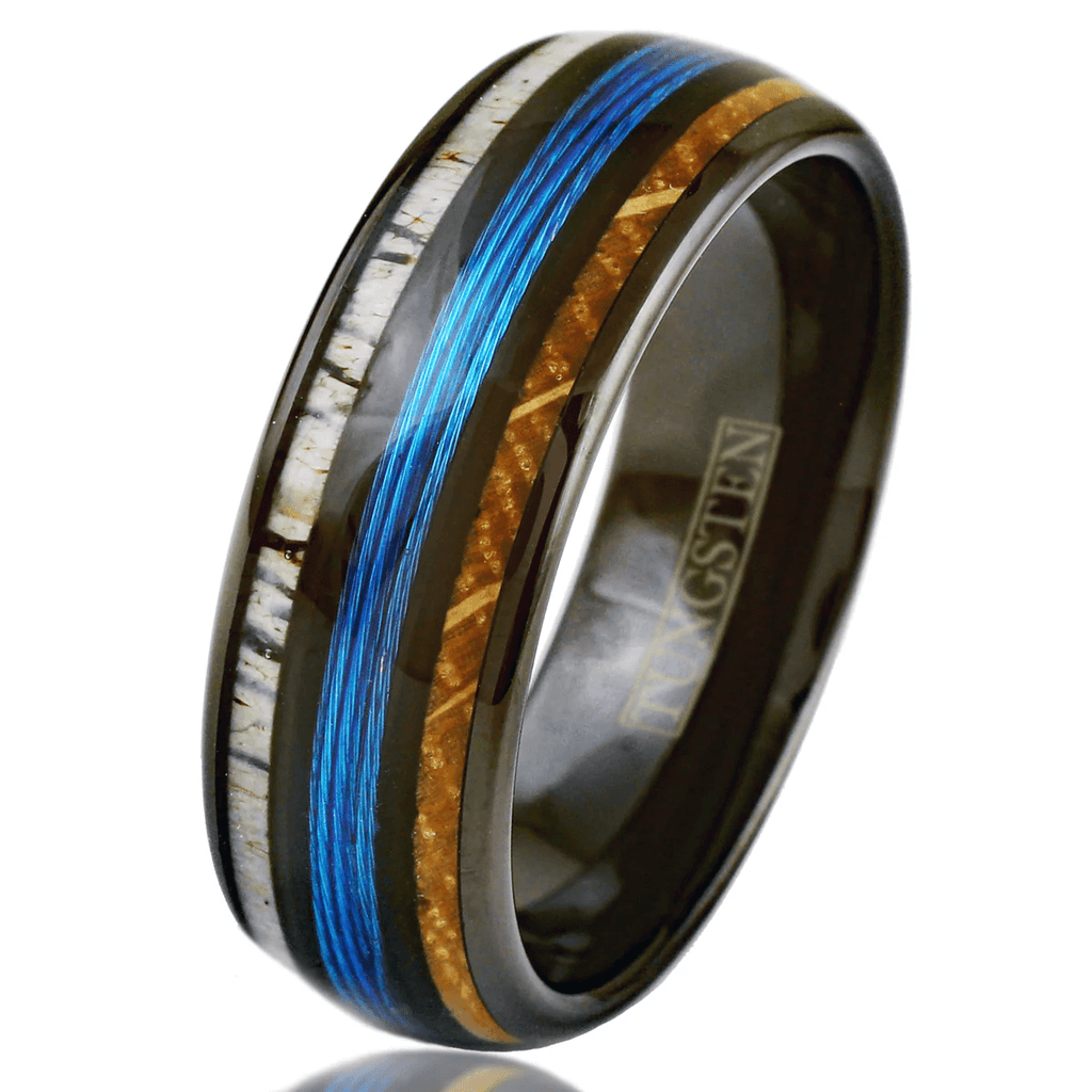 Blue Fishing Line Tungsten Carbide Wedding Band Ring for Men & Women – Whiskey Barrel Oak Wood & Deer Antler Inlays - Jewelry Store by Erik Rayo