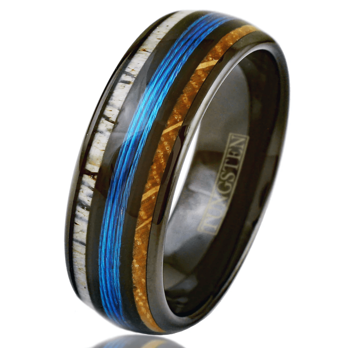Blue Fishing Line Tungsten Carbide Wedding Band Ring for Men & Women – Whiskey Barrel Oak Wood & Deer Antler Inlays - Jewelry Store by Erik Rayo