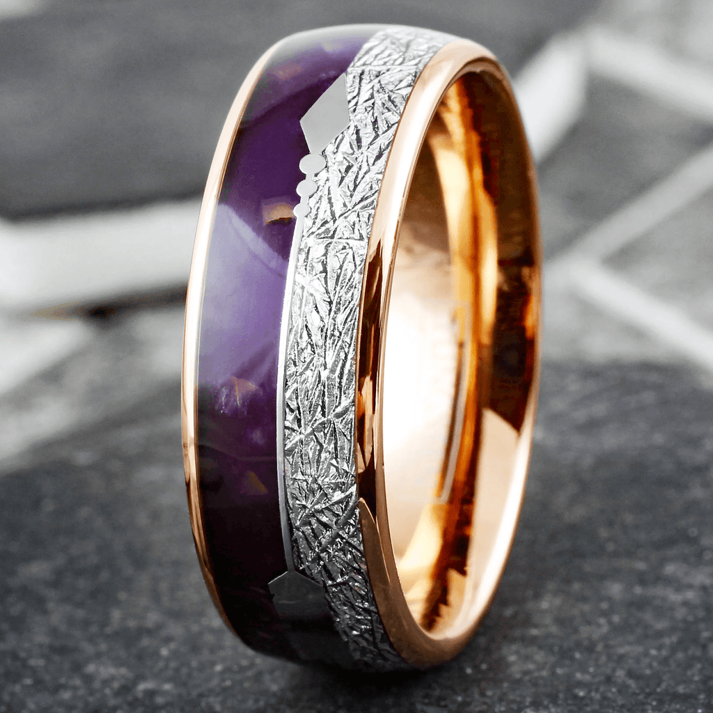 Men’s Wedding Band Ring - Rose Gold, Purple Agate & Meteorite Arrow Design - Wedding Rings for Men & Women - Jewelry Store by Erik Rayo
