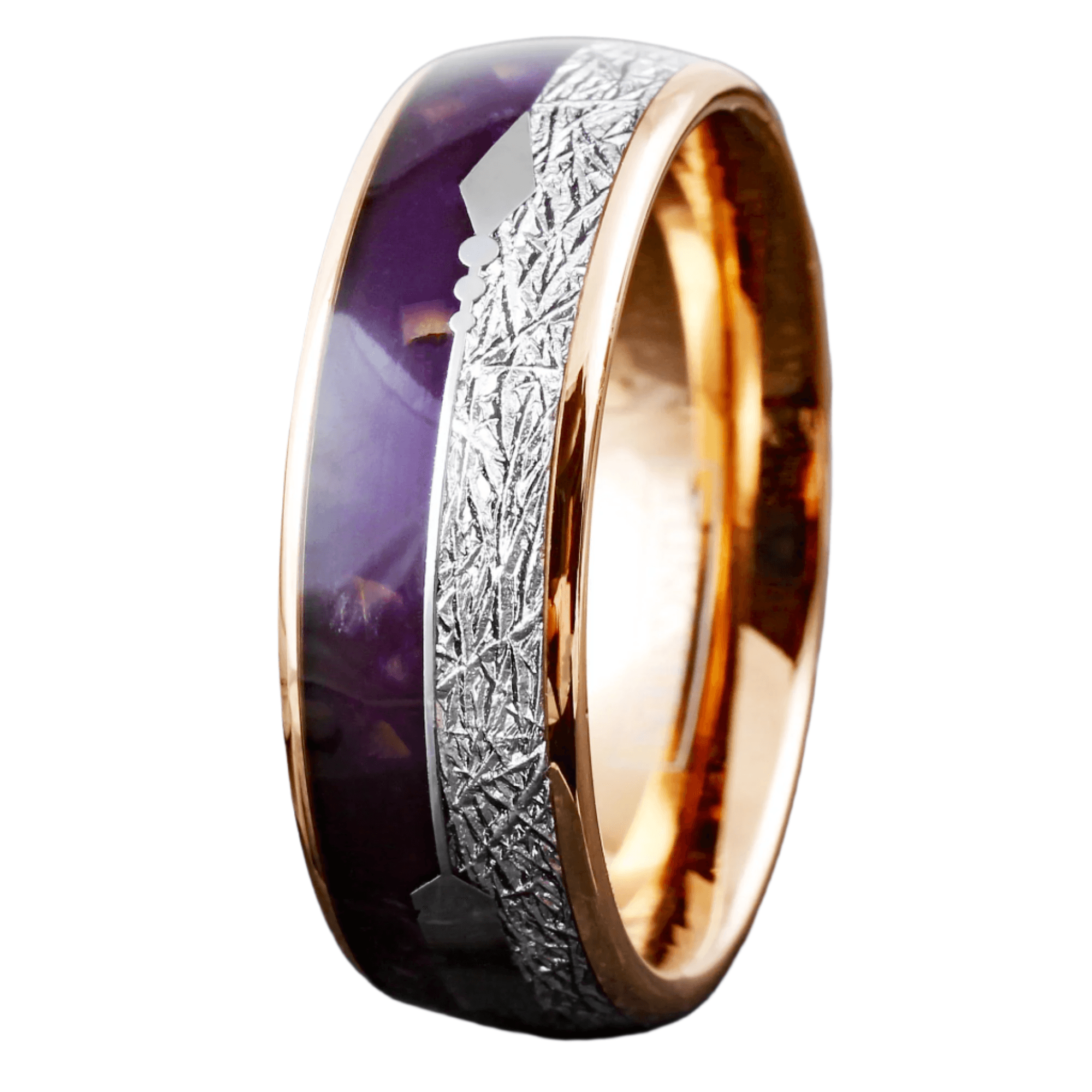 Men’s Wedding Band Ring - Rose Gold, Purple Agate & Meteorite Arrow Design - Wedding Rings for Men & Women