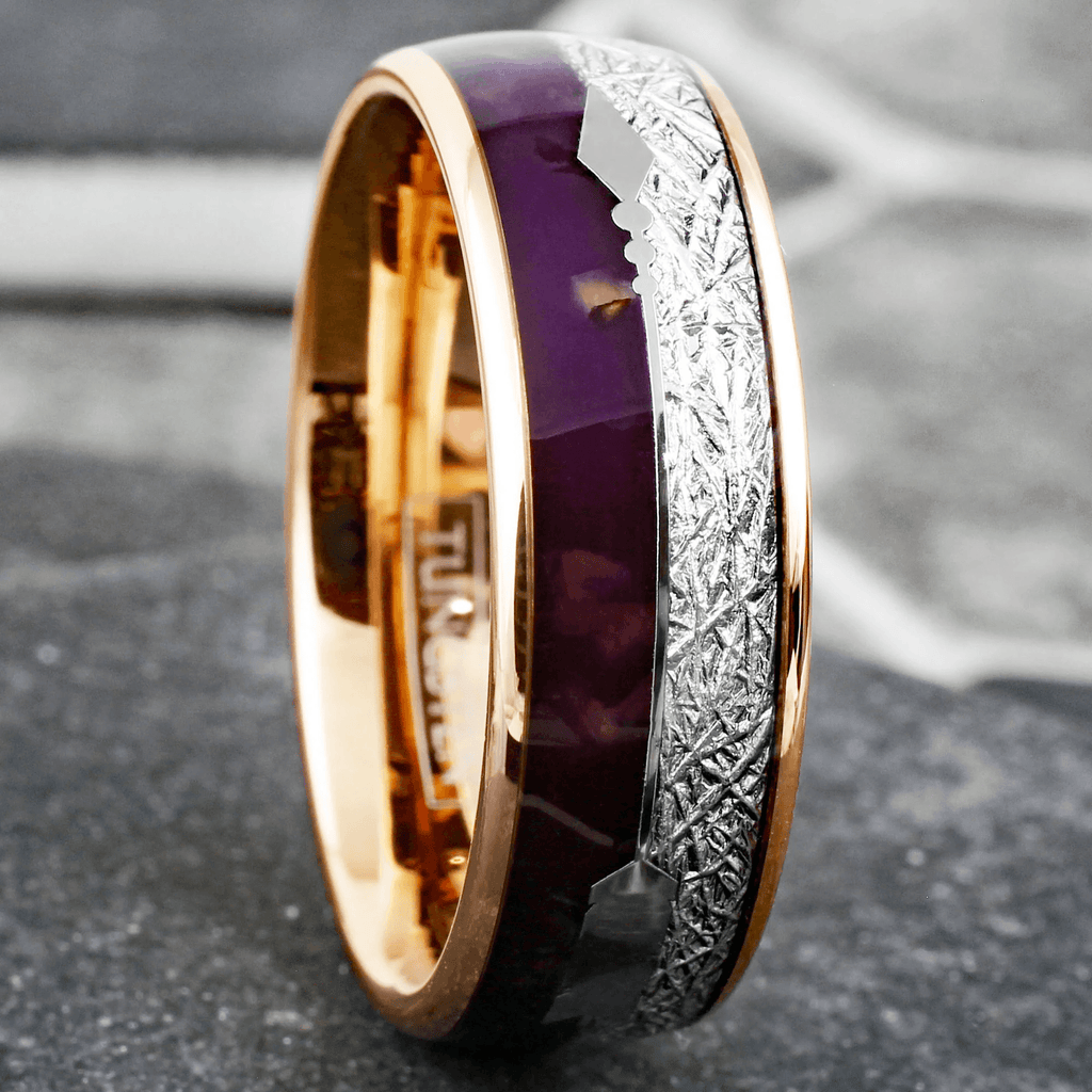 Men’s Wedding Band Ring - Rose Gold, Purple Agate & Meteorite Arrow Design - Wedding Rings for Men & Women - Jewelry Store by Erik Rayo