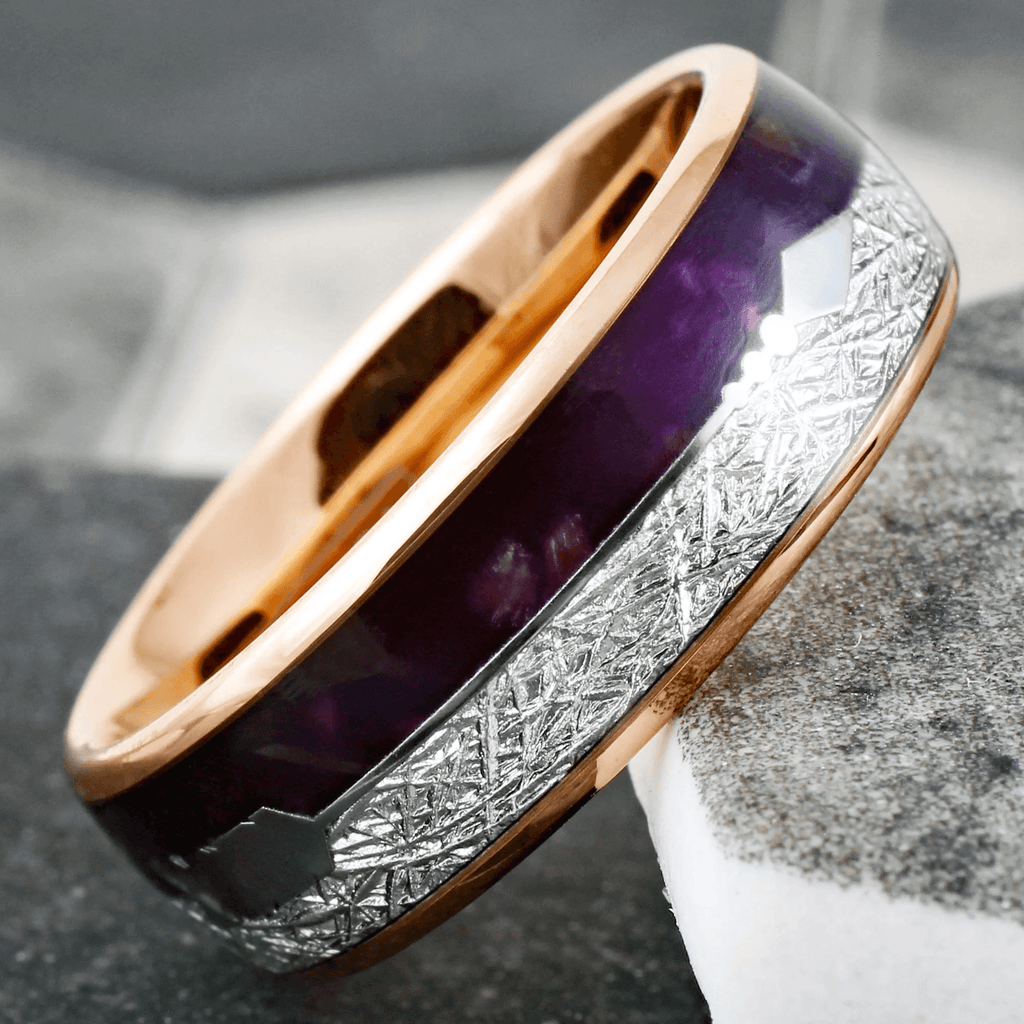 Men’s Wedding Band Ring - Rose Gold, Purple Agate & Meteorite Arrow Design - Wedding Rings for Men & Women - Jewelry Store by Erik Rayo