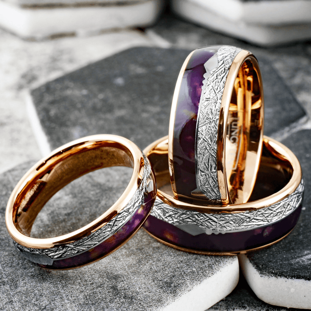Men’s Wedding Band Ring - Rose Gold, Purple Agate & Meteorite Arrow Design - Wedding Rings for Men & Women - Jewelry Store by Erik Rayo