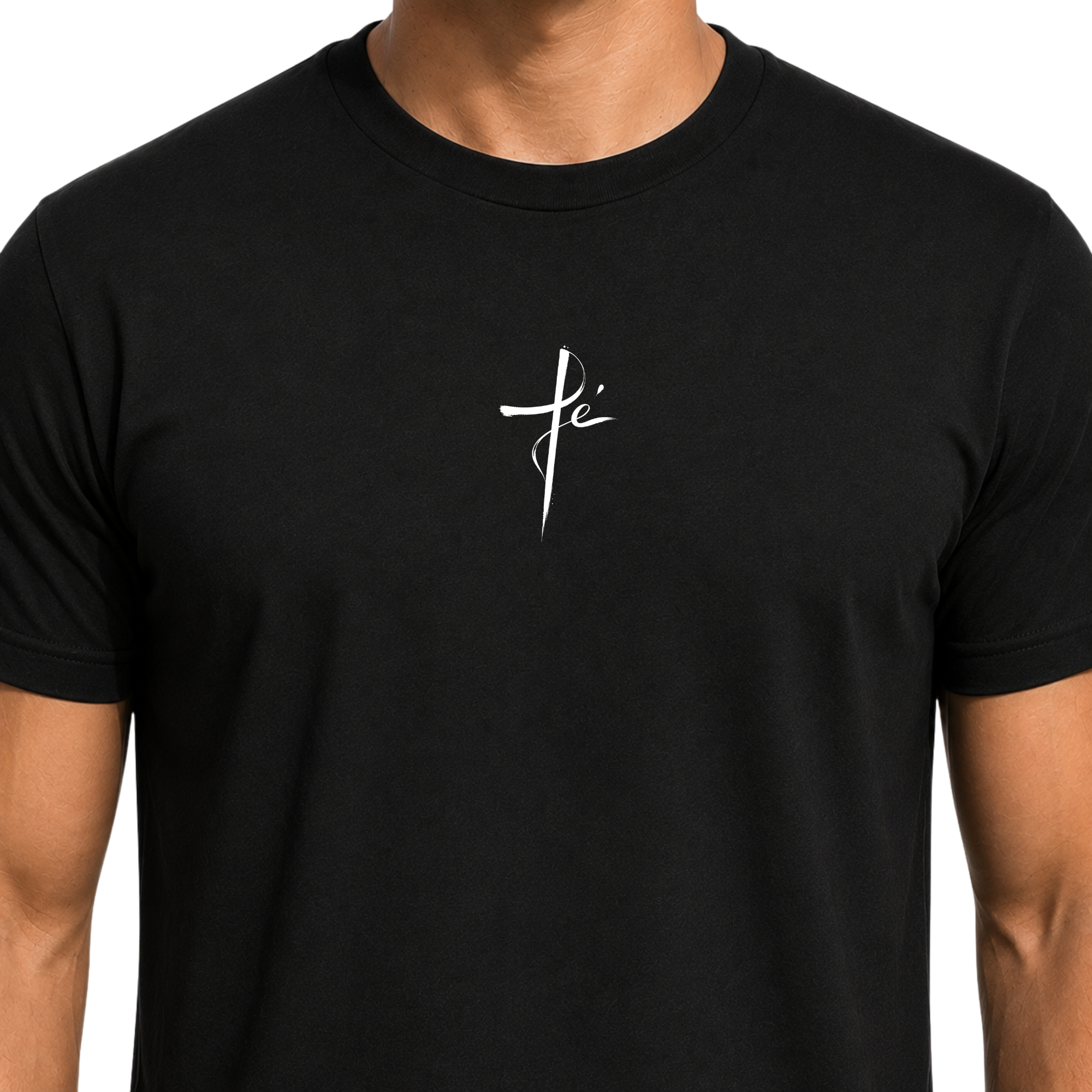 A close-up of a person wearing a black short-sleeve crew-neck t-shirt with a small white stylized cross graphic on the center chest.