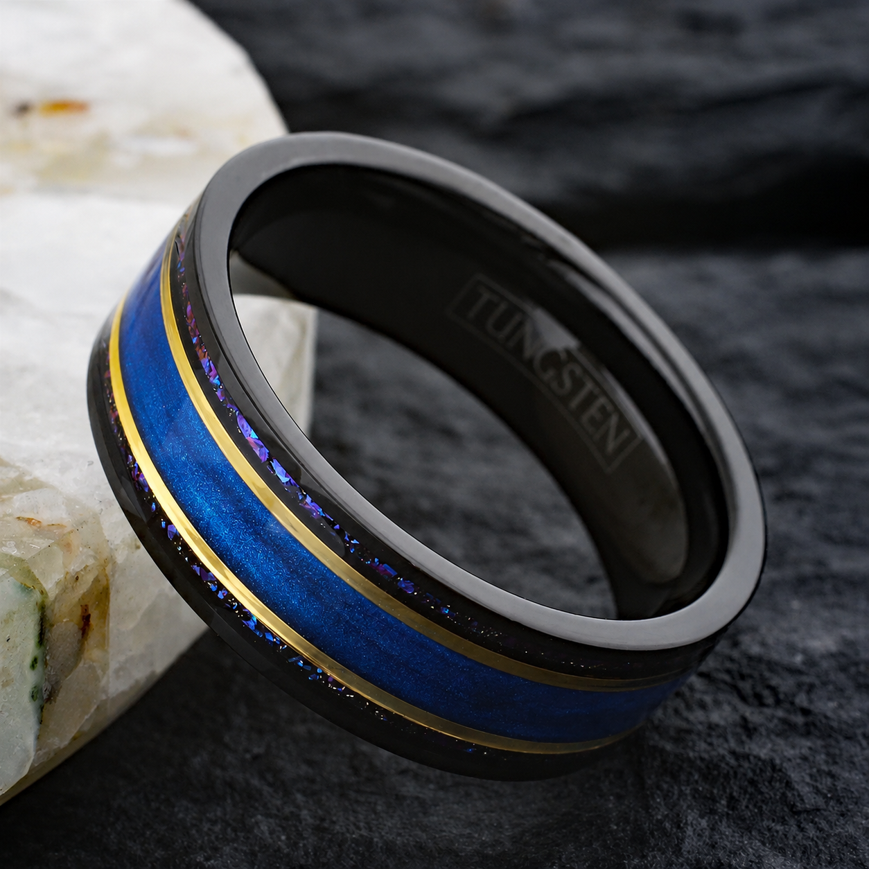 Black Tungsten Carbide Wedding Band Blue Sand Blue and Purple for Men