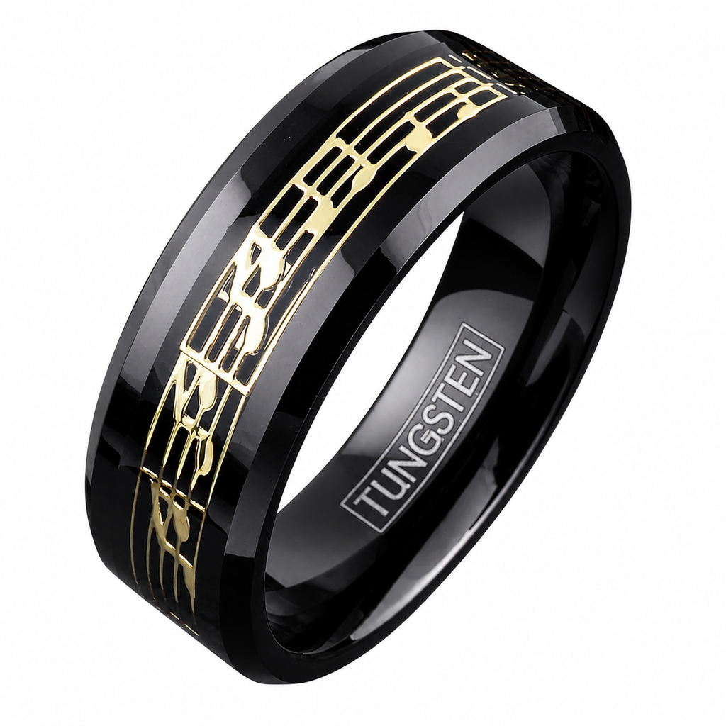 Black Tungsten Carbide Men's Music Note Inlay Wedding Band Ring