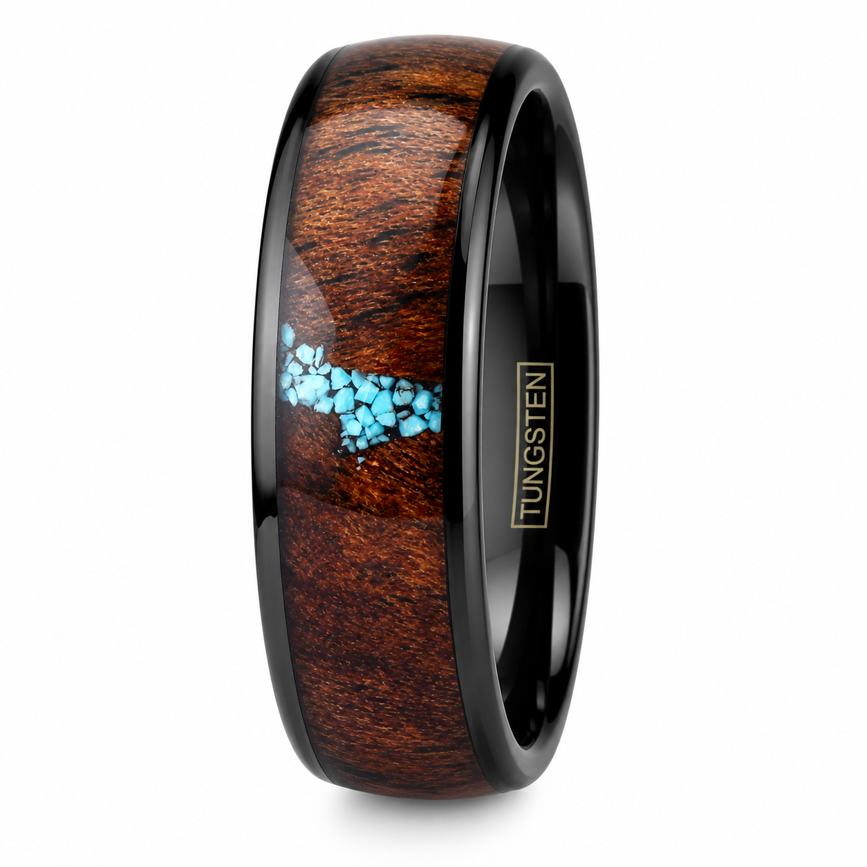 Black Tungsten Carbide Ring Men's Burl Wood & Turquoise Wedding Band 8mm