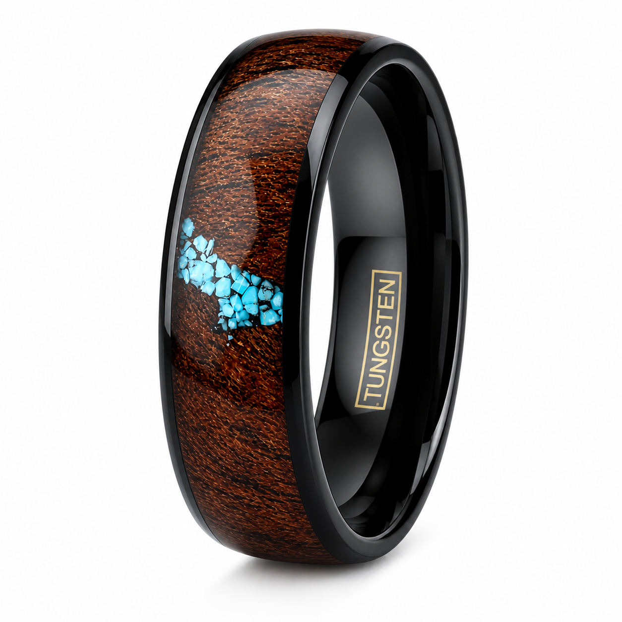 Black Tungsten Carbide Ring Men's Burl Wood & Turquoise Wedding Band 8mm